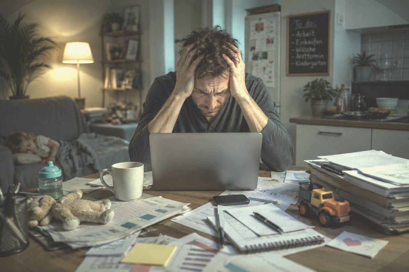 Mann mit Anzeichen von Burnout am Schreibtisch