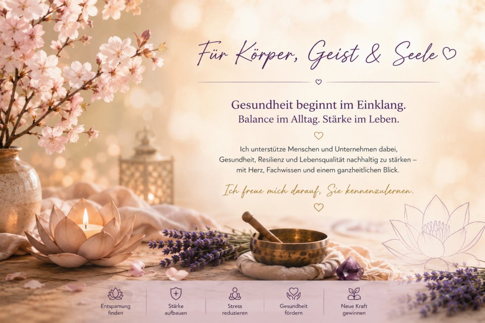 Für Körper, Geist & Seele. Gesundheit beginnt im Einklang. Balance im Alltag. Stärke im Leben. Ich unterstütze Menschen und Unternehmen dabei, Gesundheit, Resilienz und Lebensqualität nachhaltig zu stärken – mit Herz, Fachwissen und einem ganzheitlichen Blick. Ich freue mich darauf, Sie kennenzulernen. Entspannung finden · Stärke aufbauen · Stress reduzieren · Gesundheit fördern · Neue Kraft gewinnen