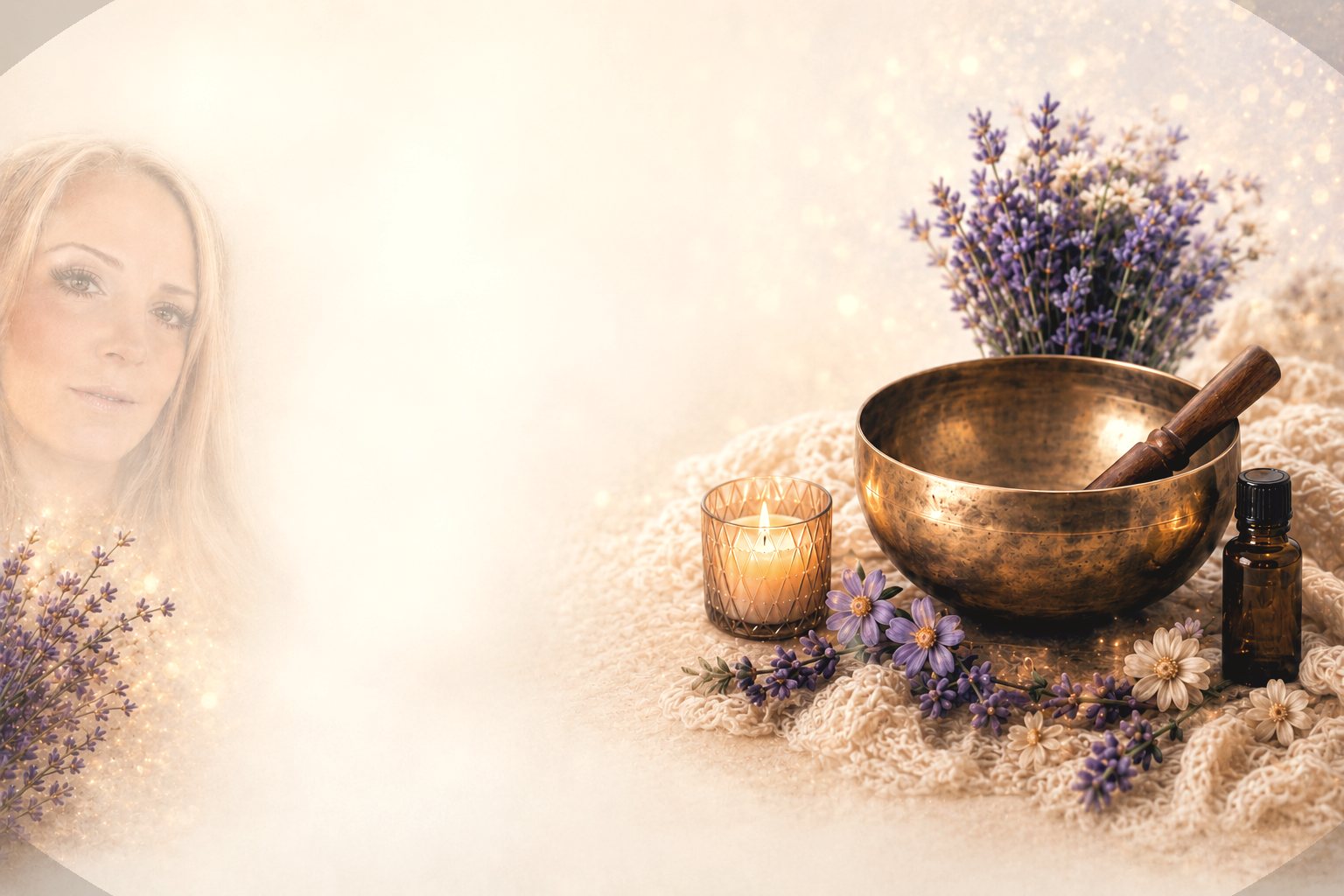 Klangschale mit Lavendel, Kerze und ätherischem Öl