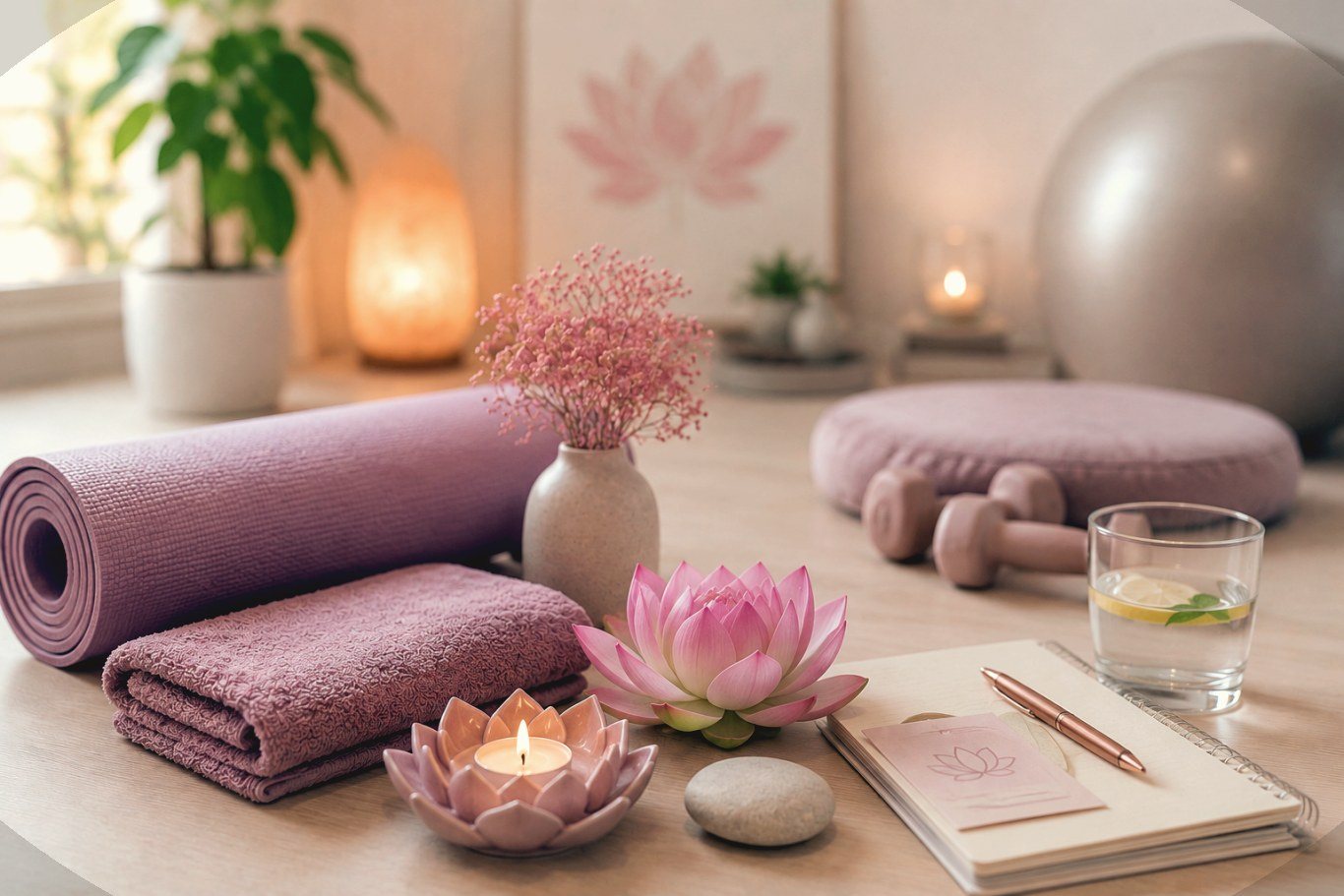 Yogamatte, Lotusblüte und Handtücher in einem ruhigen Raum